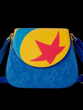 Pixar Bold Blue & Yellow Loungefly Crossbody Bag with Pink Star Accent
